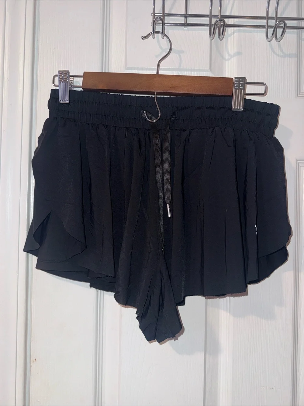 Black Women's Ruffle Drawstring Shorts - Picture 2 of 8